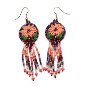Long Beaded Floral Fringe Earrings, Guatemala, Boho, Anthology, Hippie